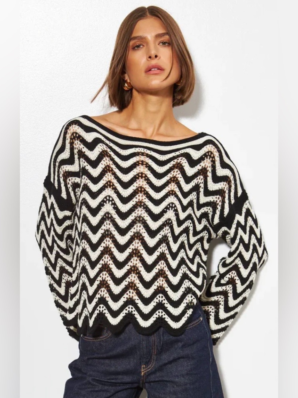 NWT- Line The LABEL “Aurelia” Navy /White Chevron-Striped Crochet Sweater